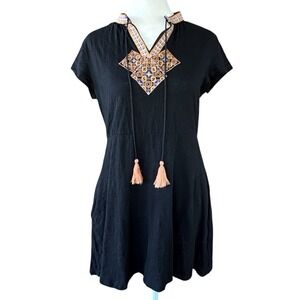 THML Anthropologie Black Embroidered Tassels Lightweight Mini‎ Dress Womens M